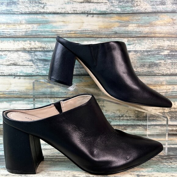 Marc Fisher Mules Womens 7.5M Ragni Black Leather Heeled Dress Shoe Poined Toe - Picture 1 of 12